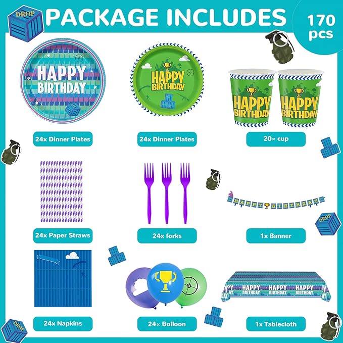 170pcs Video Game Party Supplies for Boys 1st 2nd Kids Video Games First Birthday Party Decorations Including Paper Plates Napkins Paper Cups Tablecloth Balloons Banners For 24 Guests