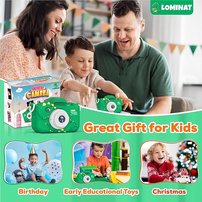 Kids Camera for 3, 4, 5, 6, 7, 8, 9 Year Old Boys Girls – 1080P HD Kids Video Camera, Dinosaur Christmas Birthday Gifts, Toddler Dual Lens Digital Camera with Games, Toys for Toddlers - 32GB SD Card