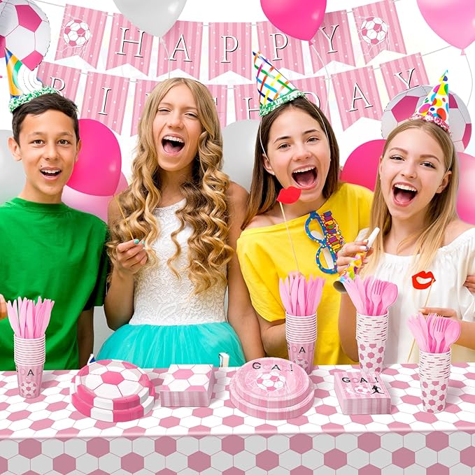 Zhehao 143 Pcs Pink Soccer Birthday Decorations Party Supplies Serves 24 Include Soccer Themed Plate Fork Napkin Cup Banner Balloon Tablecloth for Sports Theme Birthday Party Favor