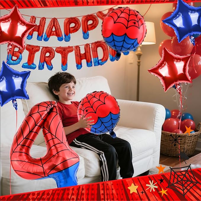 Spider Themed Happy Birthday Banner Party Decorations Set Including 40 Inch Number 4 Foil Balloons, Themed Party Essentials, Colorful Superhero Backdrop Supplies for Boys Indoor Outdoor Celebration