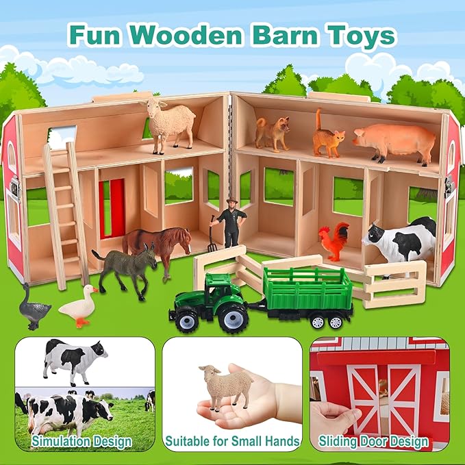 Wooden Barn Toys, Play Barn with 12 Animal Play Figures for 3+ Years Old, Toy Barn and Farm Animals，Wooden Barn Playset for Christmas Birthday Gift for Boys Girls