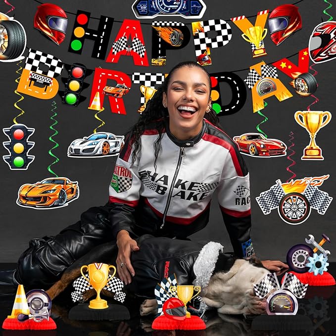 LARRAZABAL Race Car Birthday Party Decorations, Race Car Party Decorations Include Race Car Banner, Race Car Hanging Swirls and Honeycomb Centerpieces, Race Car Birthday Party Supplies