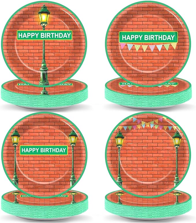 48Pcs Red Brick Wall Street Birthday Party Supplies 7" Modern Cartoon Street Paper Plates Disposable Dessert Plates Dinnerware Tableware for Birthday Baby Shower Kids Cartoon Theme Party Decorations