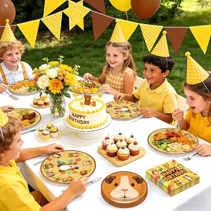 96Pcs Guinea Pig Birthday Party Decorations Hamster Happy Birthday Plates and Napkins Sets Brown Guinea Pig Decorations for Boys Girls Animal Theme Bday Party Supplies Serves 24