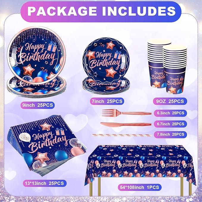 Norme 176 Pcs Navy Blue and Rose Gold Birthday Tableware Set Birthday Decoration Includes Tablecloth Paper Plates Napkins Paper Cups Forks Knifes and Straws for 25 Guests Party Supplies (Bright)