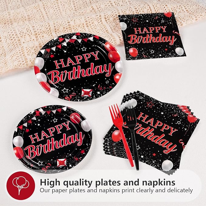 Grencian 96Pcs Red and Black Birthday Party Decorations Valentine's Day Red and Black Plates and Napkins Disposable Tableware Set for Birthday Valentine's Day Party Supplies, Serves 24
