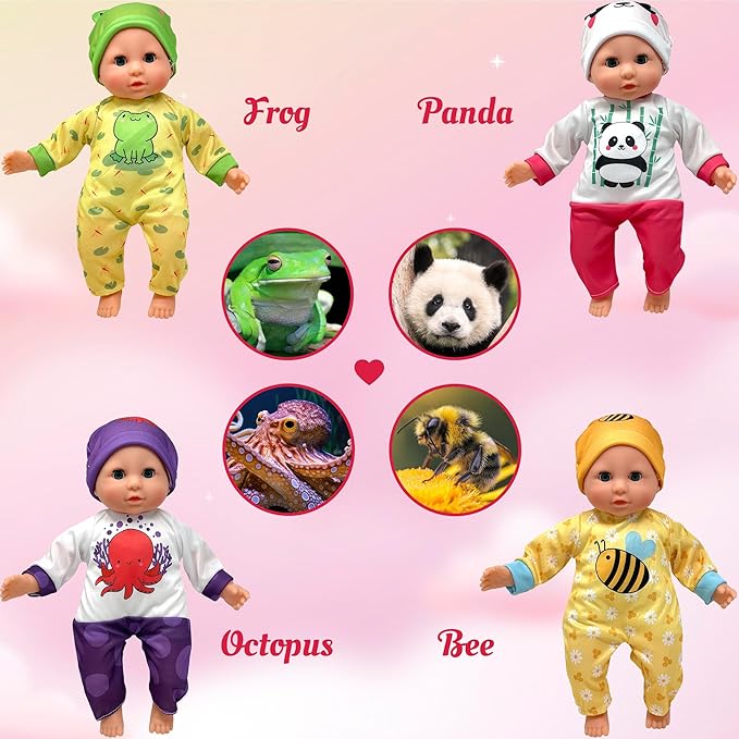 Soft Body Baby Doll with Accessories & 4 Sets of Animal Outfits, Realistic Baby Doll with Clothes & Toys, 14 Inch Doll Play Set Wardrobe Closet, Baby Dolls for Girls, Kids Gift for 3 4 5 Year Old