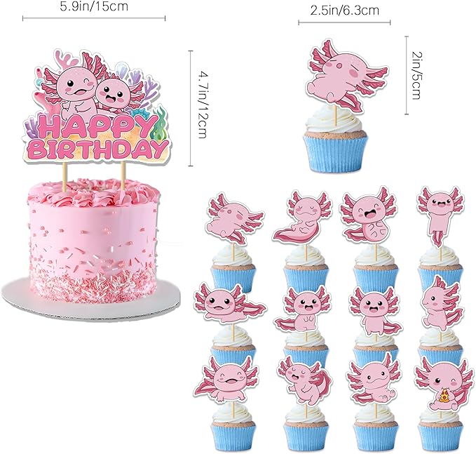 44Pcs Axolotl Birthday Party Supplies Include Happy Birthday Banner-Backdrop-Tablecloth-Balloons-Cake Topper-Cupcake Toppers for Axolotl Party Decorations