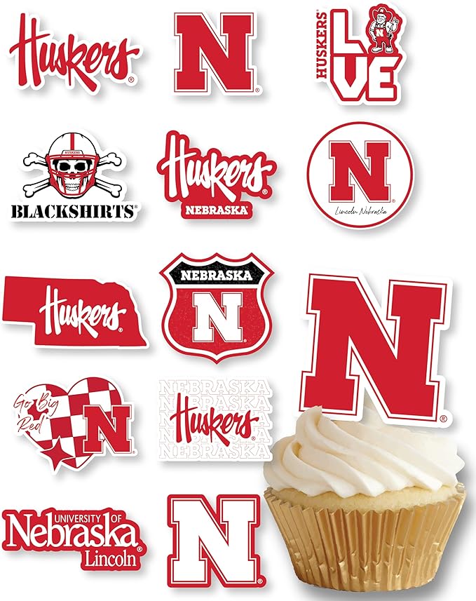 Nebraska Huskers Cupcake Topper Party Supplies for Football, Birthday, Graduation Party Decorations (24 Pieces) (Nebraska Cornhuskers)