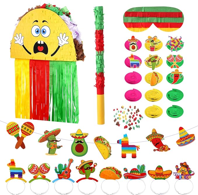 21pcs Taco Pinata Party Set Mexican Party Decorations Taco Pinata with Headbands Spiral Streamers Pull Flag for Cinco De Mayo Fiesta Birthday Celebrations (15.75 x 9.84 x 2.68 Inch)