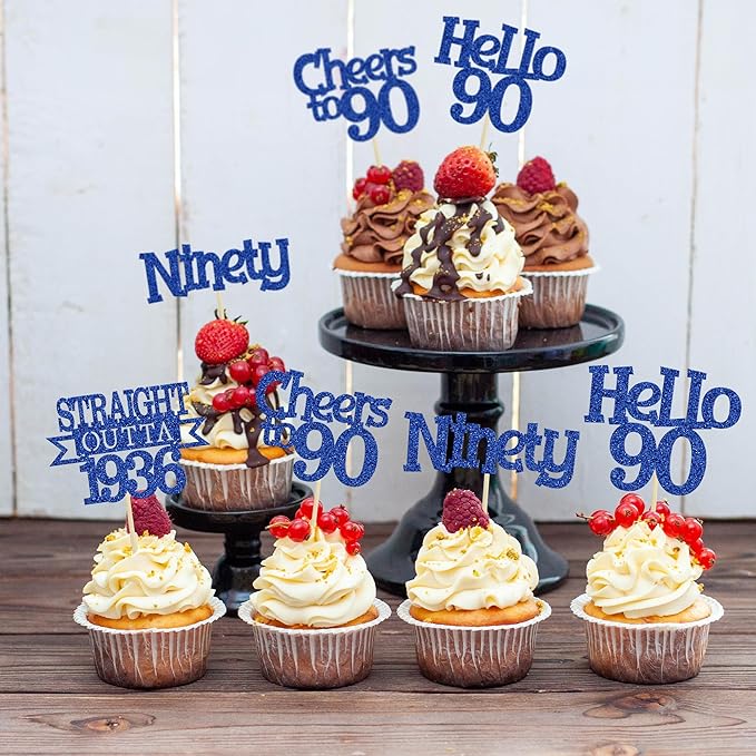 Ephlyn 24Pcs Happy 90th Birthday Cupcake Toppers Glitter Straight Outta 1936 Cupcake Picks Hello 90 Cheers to 90 Years Birthday Cake Decorations for 90th Anniversary Party Supplies Blue
