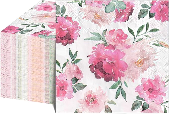 100 Pcs Pink Floral Napkins, Disposable Watercolor Flower Napkin Spring Cocktail Napkins Decorative Blossom Dinner Napkin for Tea Party, Garden Party,Baby Shower,Bridal Shower