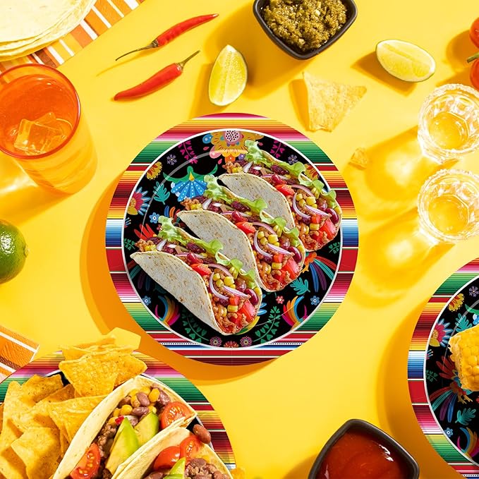 Pack of 50, 9-Inch Mexican Fiesta Paper Plates, Colorful Floral and Serape Stripe Design, Disposable Plates for Tacos, Snacks, Desserts, Cinco de Mayo Party Supplies, and Birthday Table Decorations