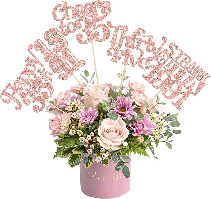 Gyufise 15Pcs Happy 35th Birthday Centerpiece Sticks Thirty Five Straight Outta 1991 Table Flower Centerpieces Sticks Cheers to 35 Decorations for 35th Birthday Party Supplies Rose Gold