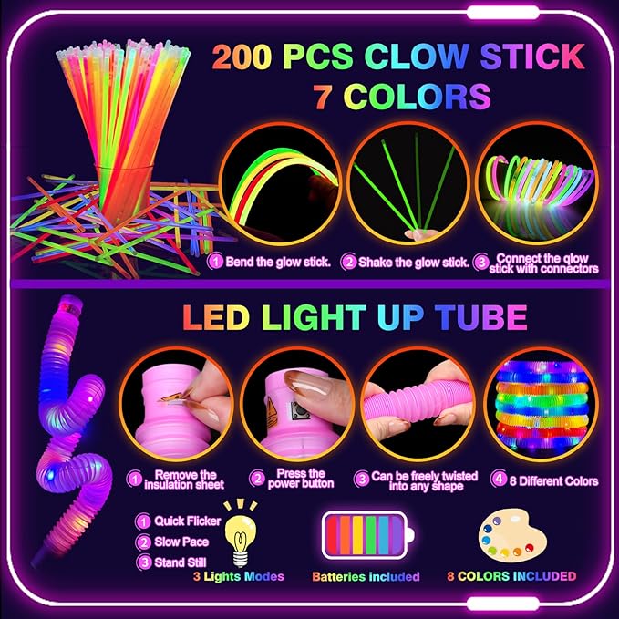 360PCS Glow in the Dark Party Supplies, Light Up Party Favors with Neon Hats, LED Glasses & Pop Tubes, Balloons, 200 Glow Sticks Light Up Accessories for Hora Loca Carnival 80's Neon Party Halloween