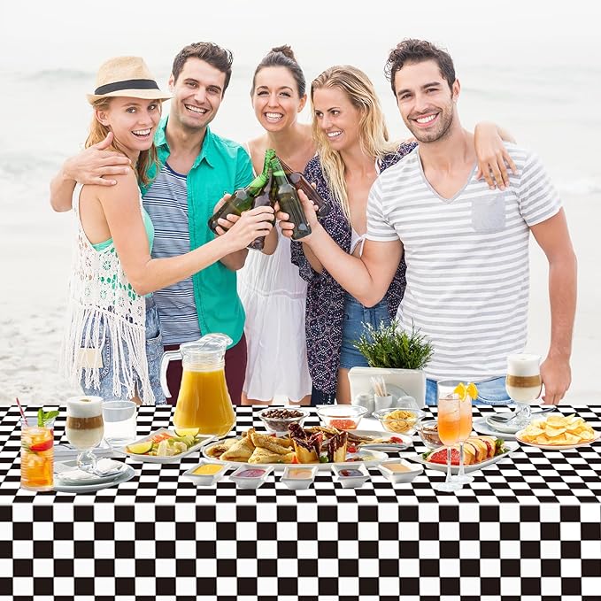 WNINK 4 Pack Black and White Checkered Disposable Tablecloth Race Car Theme Party Table Cloth, Black checkered tablecloth for Race Car Theme Birthday, Outdoor Picnic Parties Decorations, 54 × 108 Inch