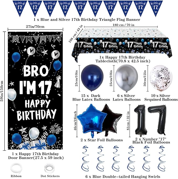 17th Birthday Decorations for Boys Girls, Dark Blue 17 Year Old Bday Decorations with Happy 17th Birthday Banner Backdrop Tablecloth, Party Supplies with 17 Balloon Numbers, Triangle Flag, Foil Stars