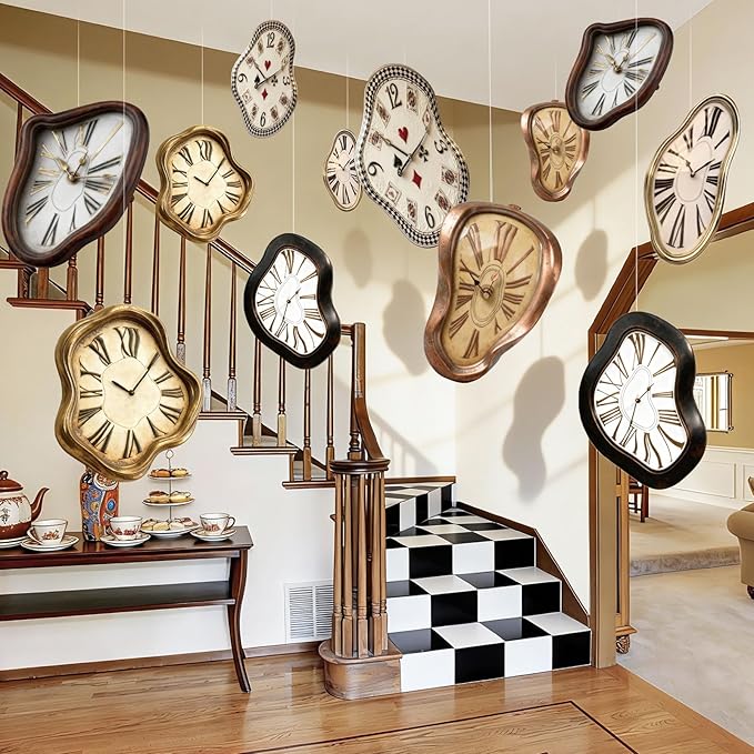 24 Pcs Wonderland Tea Party Decoration Clock Cards Hanging Banner Wonderland Melting Clock Garland Decorations Fairytale Theme Background for Birthday Baby Shower Garden Tea Party Supplies