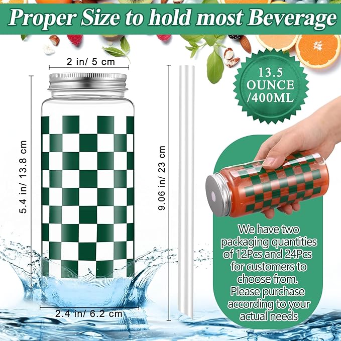Patelai 24 Pack Dark Green Gingham Cups 13.5 oz Clear Green Checkered Plastic Cups with Lid and Straw Reusable Plastic Plaid Tumbler for Baby Shower Wedding Birthday Bachelor Party Supplies