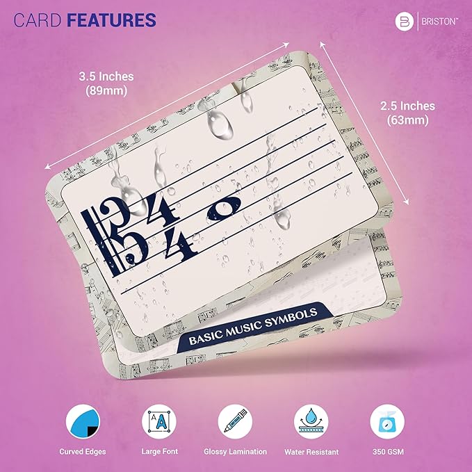 Briston Music Theory Flash Cards Set – 140 Music Note & Symbol Learning Cards for Teen & Adult Students, Treble Bass Alto Tenor Clef, Time & Key Signature Study Aid