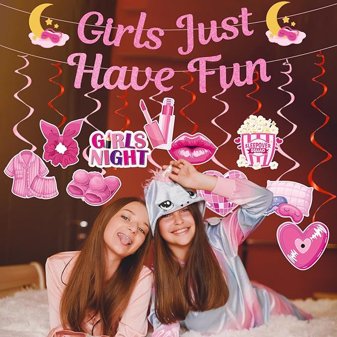 Slumber Party Decorations for Girls - 12 Pcs Spa Pajama Party Decorations for Adults, Sleepover Pink Party Supplies, Girls Just Have Fun Night Decoration