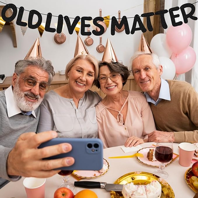 Pre Strung Old Lives Matter Banner 9.84 ft Funny Birthday Glitter Black Banner for Men Women Retirement Party Decorations 80th 70th 60th 50th 40th Retirement Party Garland Bunting Decorations