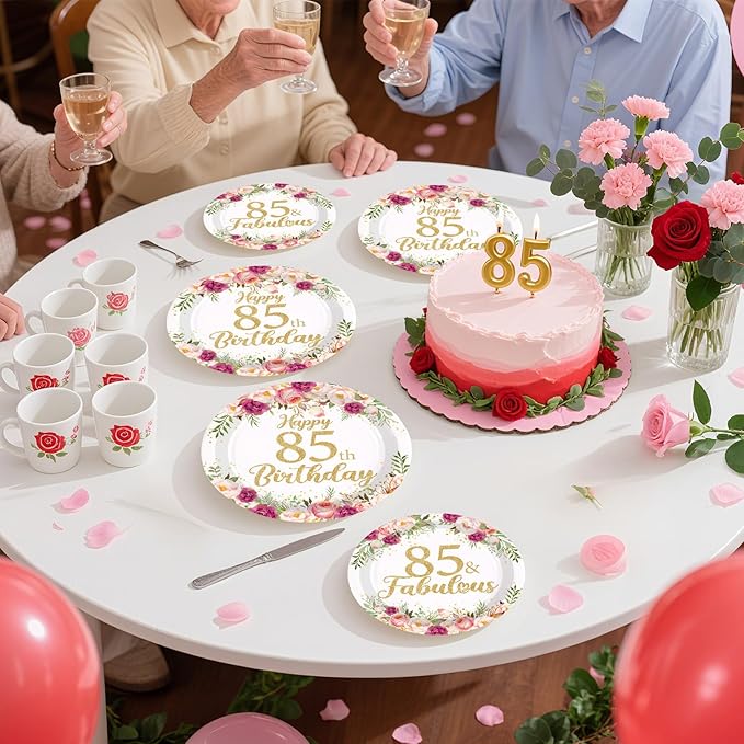 96Pcs 85th Birthday Decorations for Women Rose Gold Floral Party Plates and Napkins Disposable 85th Birthday Gifts Tableware Set for Women Fabulous Party Decorations Serves 24