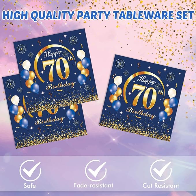 40PCS 70 th Birthday Decorations For Men Navy Blue and Gold Happy Birthday Party Decorations Include Plates Napkins for 70th Birthday Anniversary Party Supplies Decor