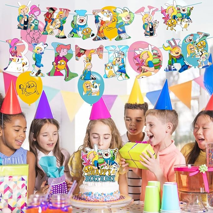 Time of Adventure Themed Birthday Party Supplies Set Happy Birthday Banner, Cake Topper, Cupcake Toppers, Balloons for Cartoon Adventure Kids Party Decorations