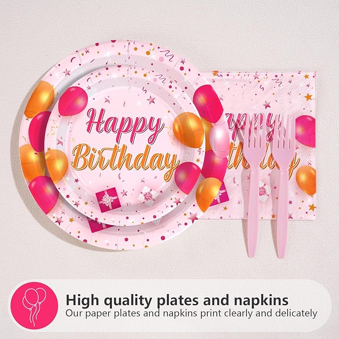 96Pcs Pink and Orange Birthday Party Decorations Pink and Orange Plates and Napkins Disposable Tableware Sets for Sunset Theme Birthday Party Decorations Serves 24