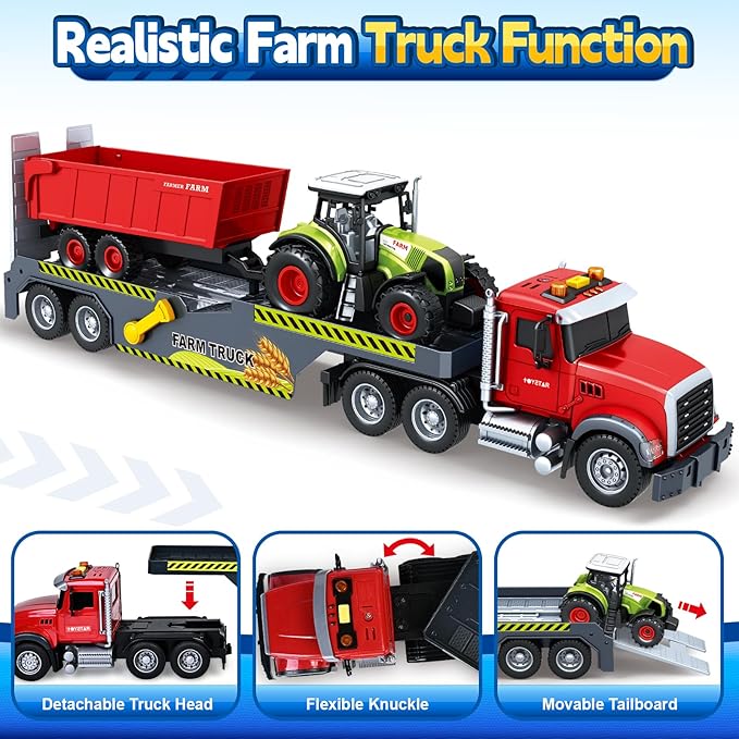Toddler Boy Toys for 3 4 5 6 7 Years Kids, 21" Semi Flatbed Truck Toy with a Farm Truck, Friction Powered Vehicles Toys with Lights and Sounds, Birthday for Boy Girls