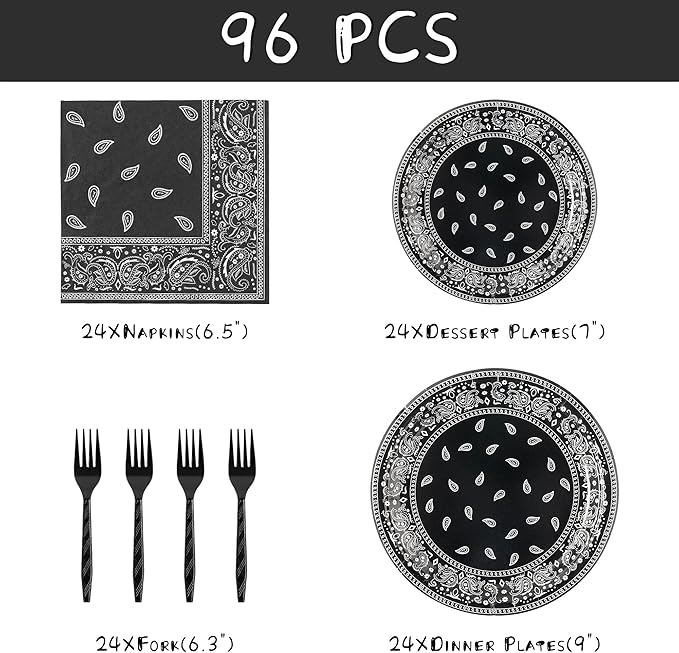 K1tpde 96PCS Cholo Bandana Party Tableware Set, Gangsta Theme Paper Plates, Western Cowboy Birthday Decorations Included Disposable Dinnerware Paper Napkins Forks, Cholo Bnadana Western Party Supplies