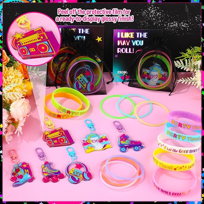120 Pcs Roller Skate Party Supplies Roll Party Supplies Include Skate Keychain Glow in The Dark Silicone Wristband Luminous Bracelet Thank You Card for Retro 80s 90s Hip Hop Birthday
