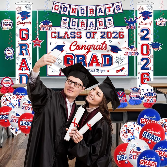 Graduation Decorations Class of 2026 White Blue and Red Graduation Party Decor Set include Congrats Grad Banner Backdrop Class of 2026 Balloons Party Supplies