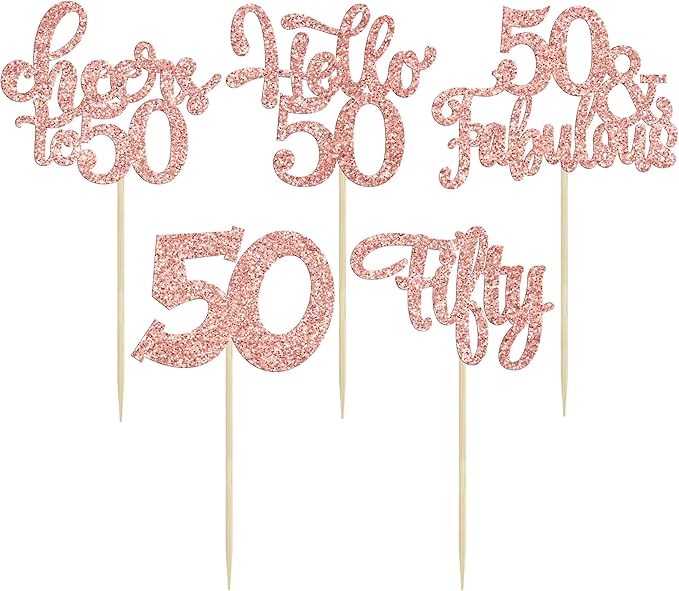 30pcs Happy 50th Birthday Cupcake Toppers - Rose Gold Glitter Fifty Cheers to 50 Years Old Cupcake Picks for Anniversary Party Cake Decorations