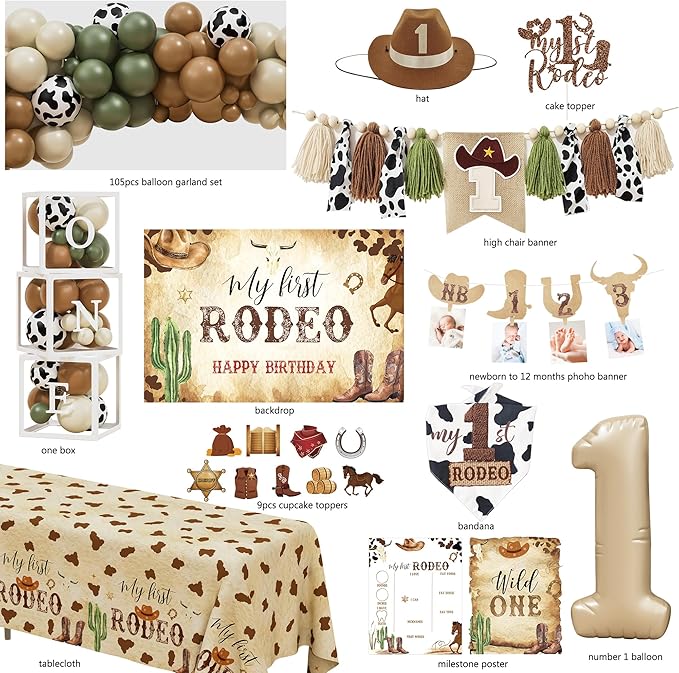 Western Cowboy 1st Birthday Decorations, My First Rodeo Birthday Party Supplies, Cowboy Balloon Arch Backdrop High Chair Banner ONE Box for Boys One Year Old Party