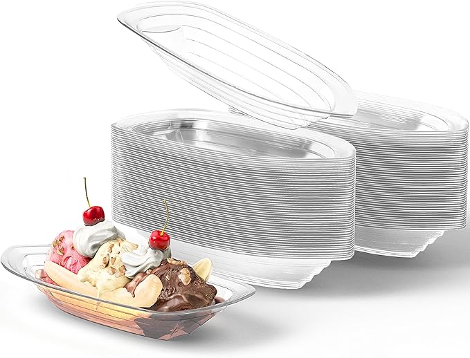 Super Fun Recyclable Banana Split Boats 100 Pack. Best Long 12 Oz Disposable Ice Cream Sundae Bowls. Perfect Plastic Sunday Cups for a Social or Kids Birthday Party. Great Clear Boat for Carnival.