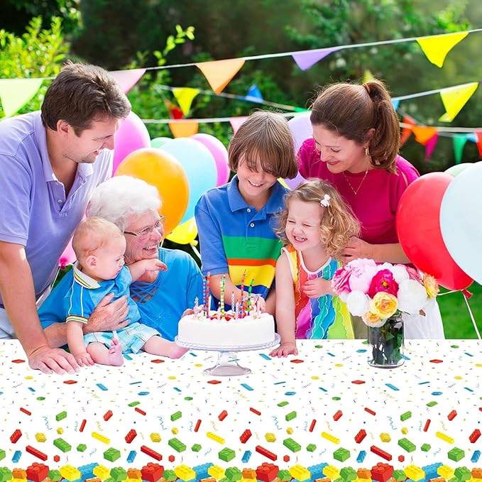 3 Pcs Building Blocks Tablecloth 105 x 54 inches - Building Blocks Theme Party Decorations Disposable Plastic Table Cover for Children Kids Birthday Party Decor Supplies Favors (White)