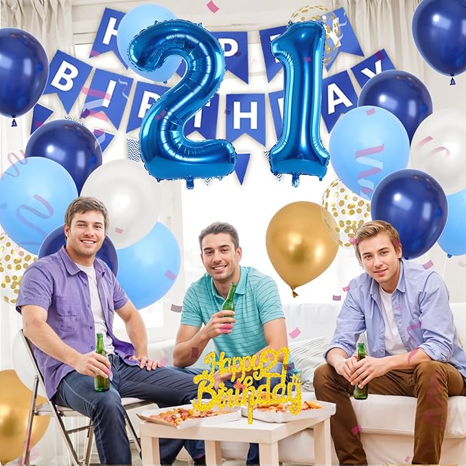 21st Birthday Decorations, Dark Happy Birthday Party Decorations With Number 21 Balloons Metallic Gold Pearl White Light Blue Fringe Curtain Banner Cake Topper For Man Woman Party Supplies