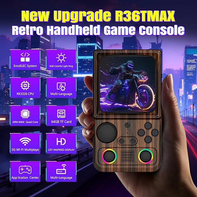 R36TMAX Retro Gaming Console, 4.0'' IPS Screen, Retro Handheld Game Console with 18000+ Classic Games Supports WiFi Networked Fighting and OTG, 4000mAh Battery, with Portable Case(Coffee Brown 64GB)