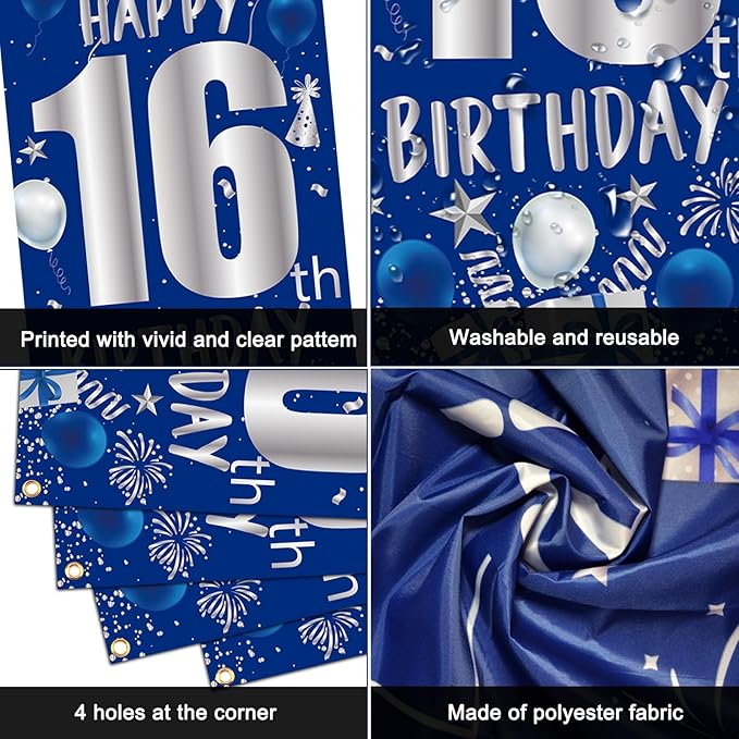 16th Birthday Decorations for Boys Girls, Blue Silver 16th Birthday Decorations Backdrop with Happy 16th Birthday Banner, Number 16 Hanging Swirls, Triangle Flag, 16 Years Old Party Decor Supplies