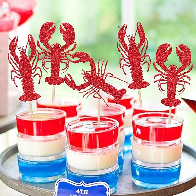 24 PCS Crawfish Cupcake Toppers Red Glitter Lobster Cupcake Picks Crawfish Party Decorations for Ocean Lobster Theme Let's Get Cray Carnival Baby Shower Birthday Party Cake Decorations Supplies