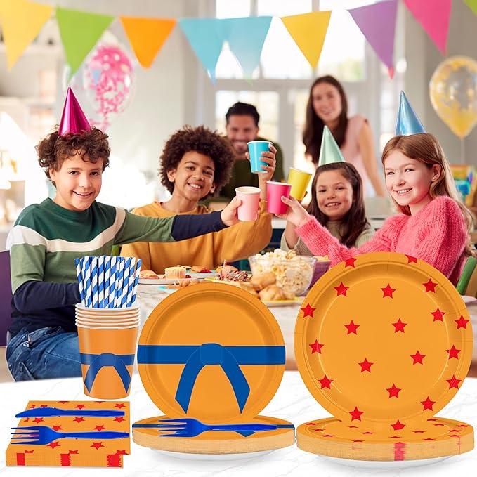 168PCS Anime Dragon Party Supplies for boys Kids Cartoon Themed Party Decorations Birthday Orange and Red Stars Paper Plates Cups Forks Knives and Straws Tableware Set for 24 Guests