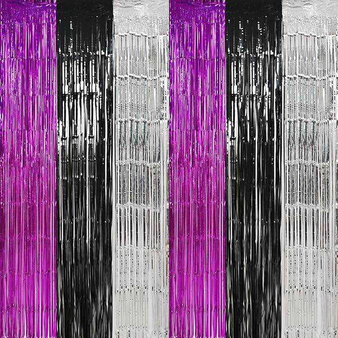 TONIFUL Black Silver Hot Pink Door Streamers,Black and Pink Photo Booth Backdrop Metallic Streamers Foil Fringe Curtain for Birthday,New Year,Graduation,Grad,Baby Shower Party Streamers Decoration
