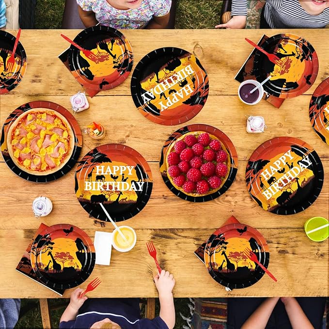 96Pcs African Safari Birthday Party Decorations Savanna Sunset View Plates and Napkins African Forest Jungle animals Scenic Tableware Set for Safari Theme Birthday Party Favors，Serves 24