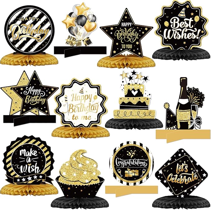 Clabby 12 Pcs Gold Black Birthday Decorations Gold Happy Birthday Table Centerpieces Honeycomb Cute Table Top for Women Men Best Wishes Anniversary Party Supplies 21st 30th 40th 50th 60th 70th