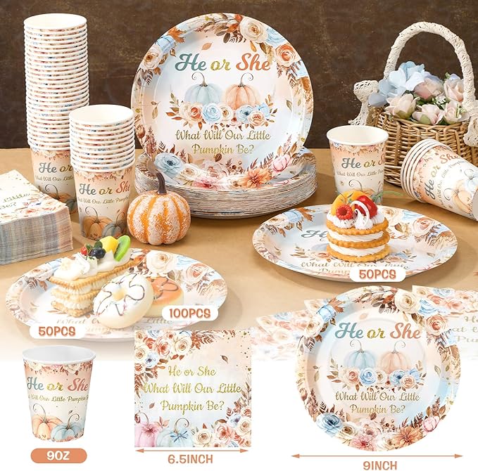 Hushee 200 Pcs Fall Pumpkin Gender Reveal Baby Shower Paper Plates Napkins Cups Baby Shower Party Supplies Tableware Set Disposable Cup Napkin for 50 Guest Party Decoration