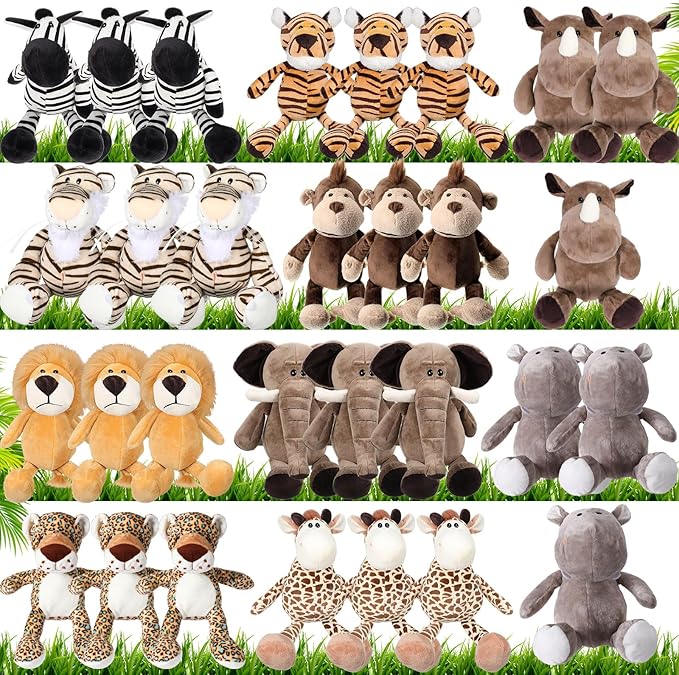40 Pcs Safari Forest Stuffed Animals Plush Jungle Themed Animals Toy Gift Elephant Giraffe Lion Tiger Monkey Rhinoceros Zebra Tiger for Baby Shower Party Favors Decoration (10 Styles)