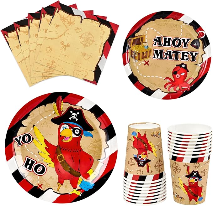 WERNNSAI Pirate Birthday Decorations - 64 PCS Pirate Plates Napkins and Cups Parrot Party Decorations Treasure Party Favors for Kids Birthday Treasure Theme Supplies Serves 16 Guests