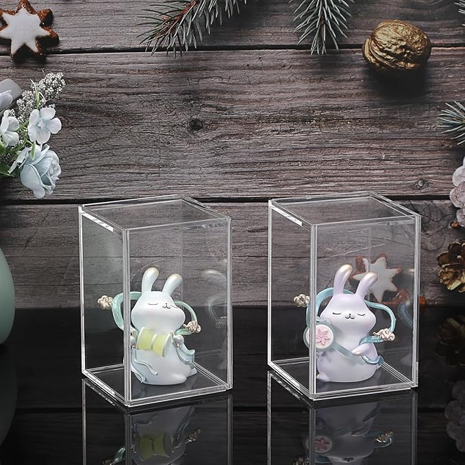 JUXYES 2 Pack Clear Display Case for Mini Action Figures, Acrylic Box with Sliding Door, Stackable Cube Small Showcase, Free Standing Collectibles Protection, 3x3x4.5 Inches